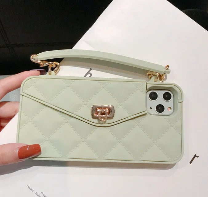 Handbag phone Case with Soft Silicone Chain for Women with Handstrap & Long Pearl Crossbody Chain