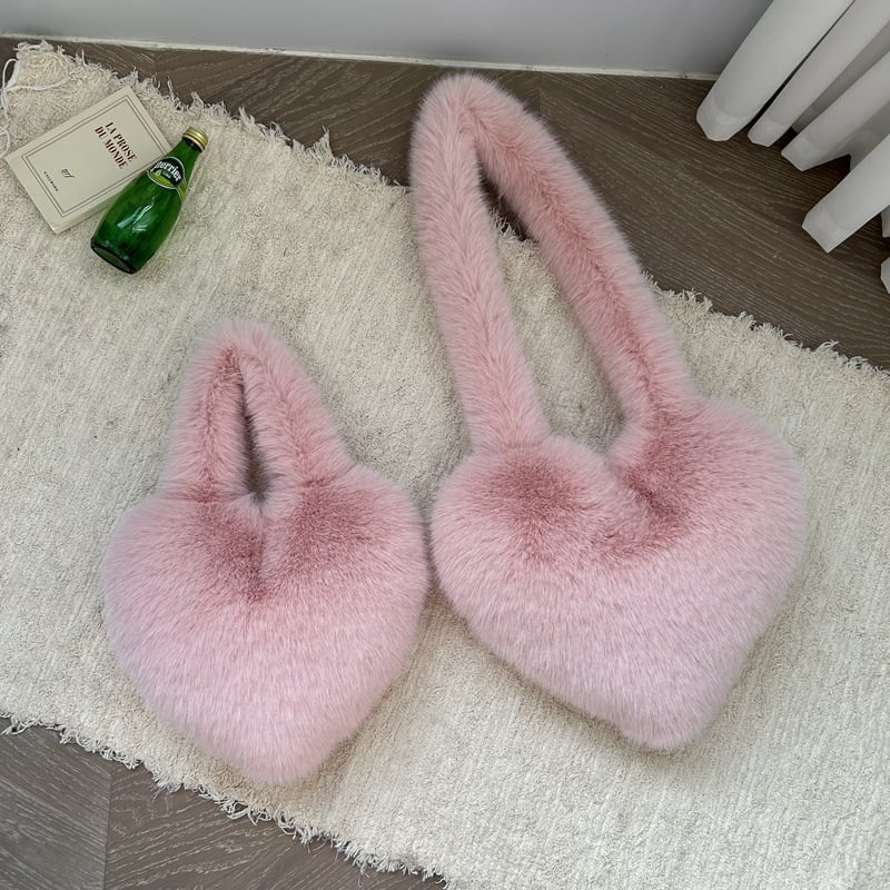 Heart Shaped Furry Purse for Women Large Soft Shoulder Bag