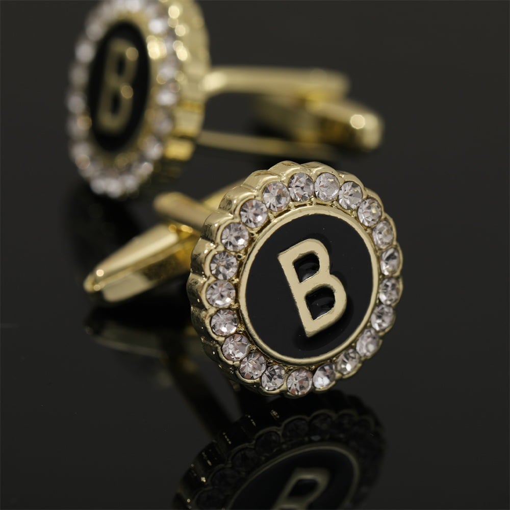🎁Round Crystal-Embedded Initial Cufflinks with Enamel Finish - Personalized Alphabet Design