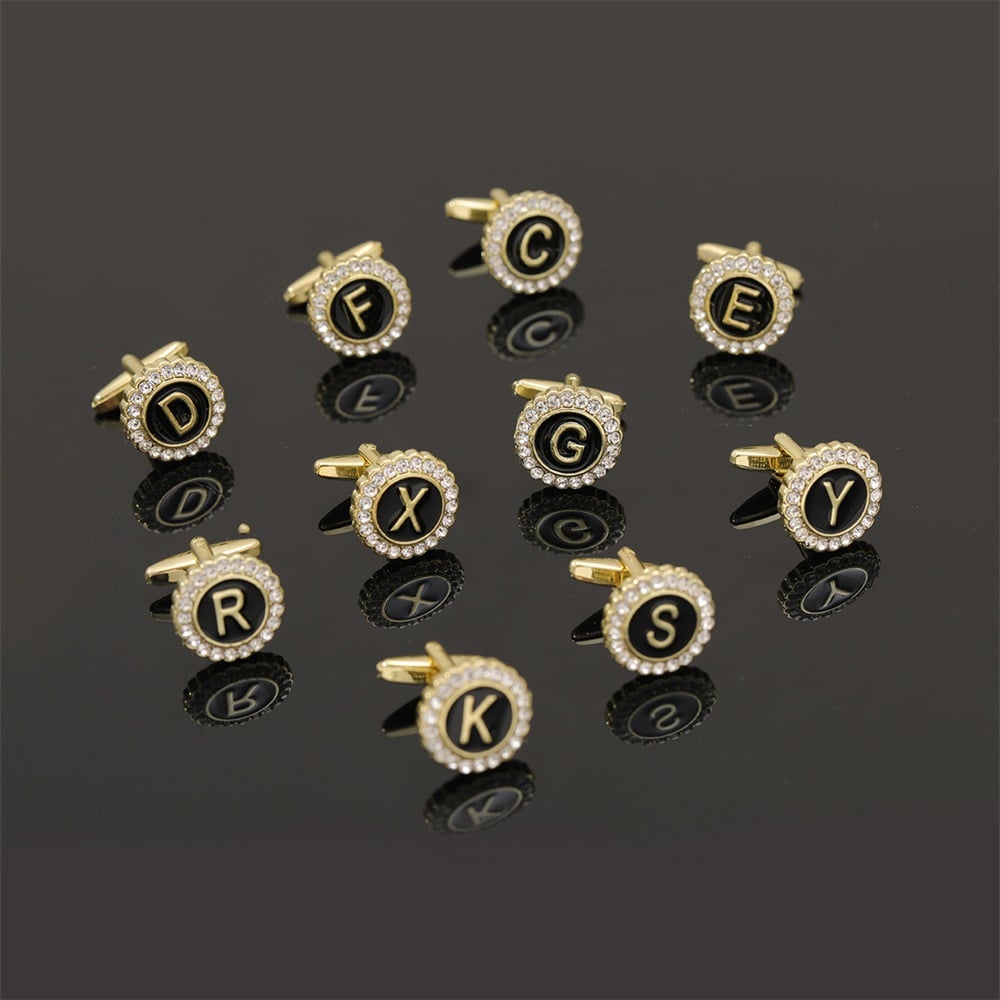 🎁Round Crystal-Embedded Initial Cufflinks with Enamel Finish - Personalized Alphabet Design
