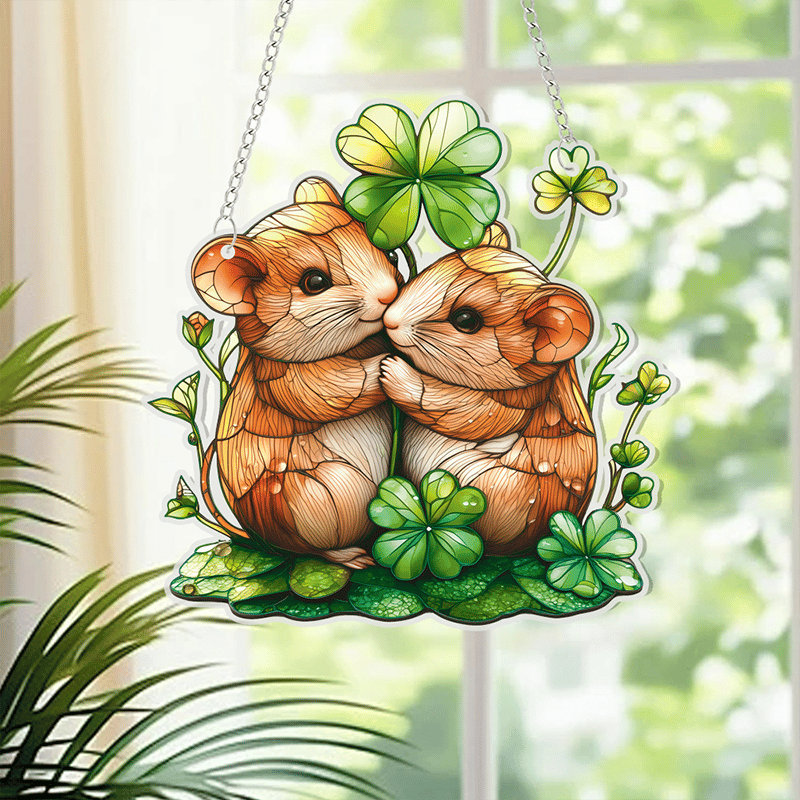 🍀🐹Lucky Clover Hamster Stained Art Ornament (8 inches)