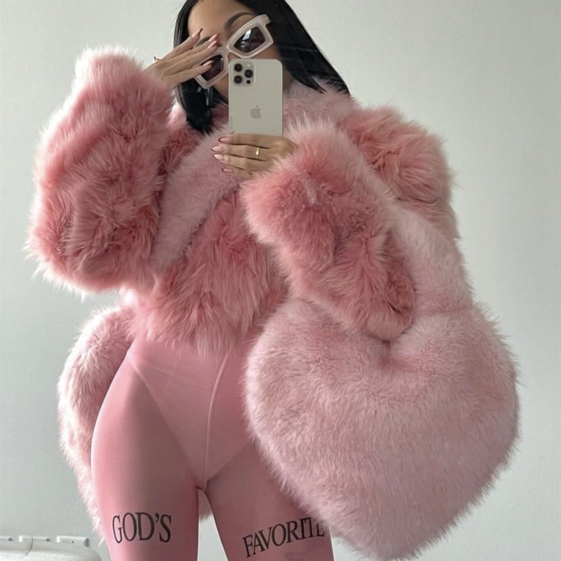 Heart Shaped Furry Purse for Women Large Soft Shoulder Bag