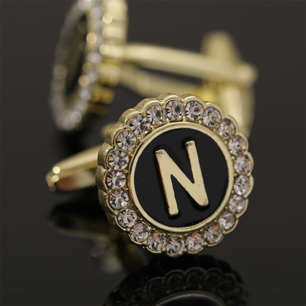🎁Round Crystal-Embedded Initial Cufflinks with Enamel Finish - Personalized Alphabet Design
