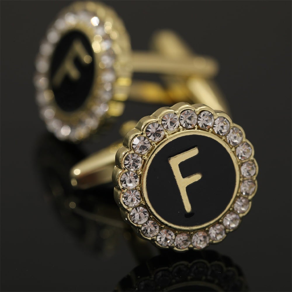 🎁Round Crystal-Embedded Initial Cufflinks with Enamel Finish - Personalized Alphabet Design