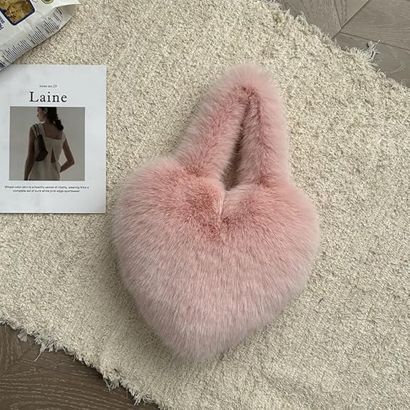 Heart Shaped Furry Purse for Women Large Soft Shoulder Bag