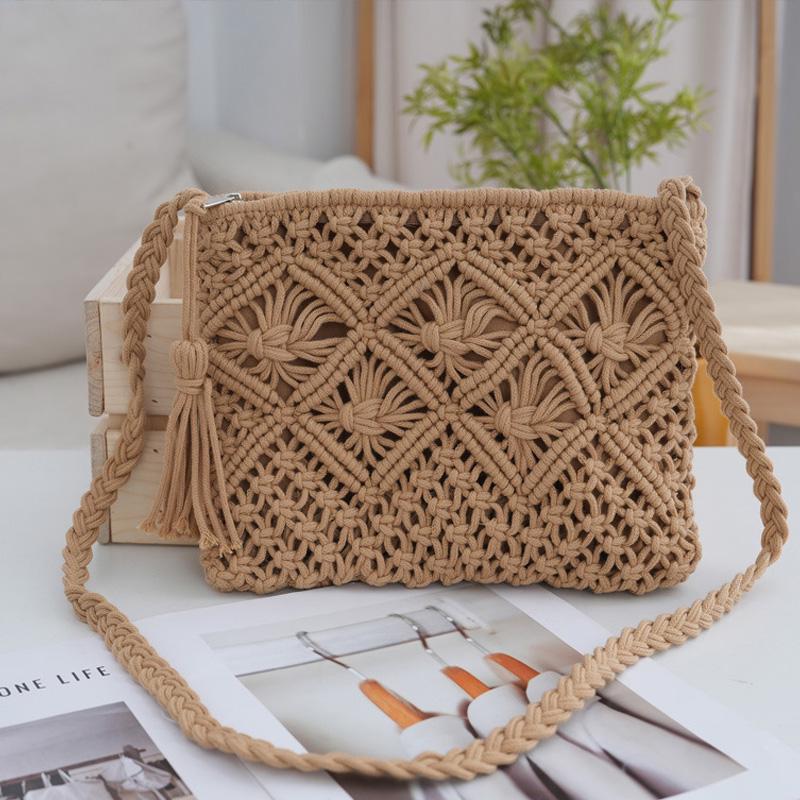 💥Minimalist Tassel Women's Clutch – Retro Cotton Rope Woven Bag, Summer Vacation Boho Beach Purse