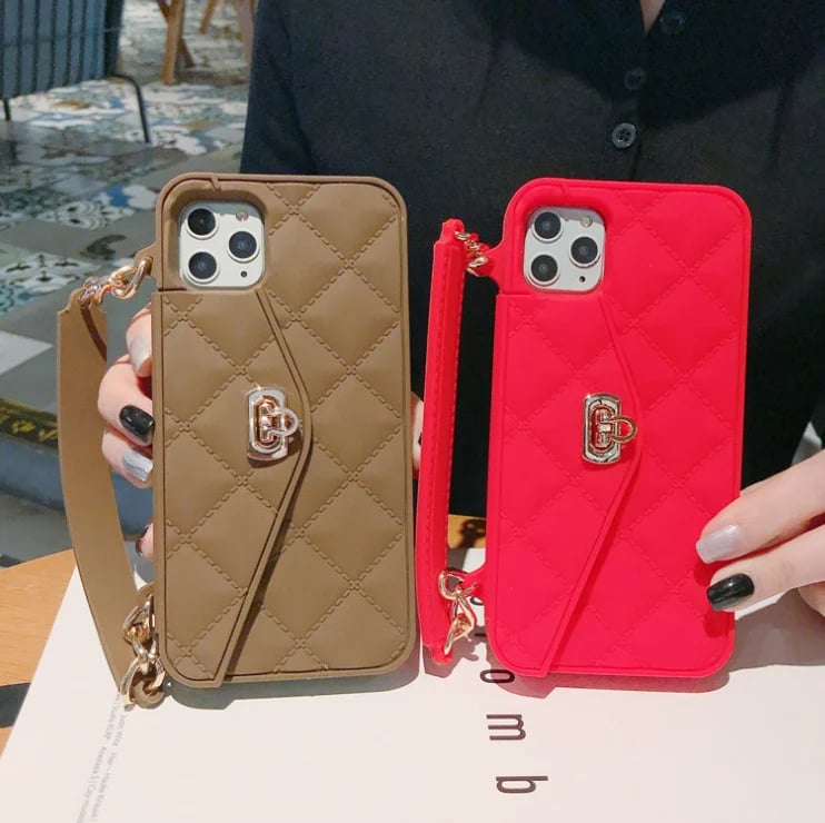 Handbag phone Case with Soft Silicone Chain for Women with Handstrap & Long Pearl Crossbody Chain