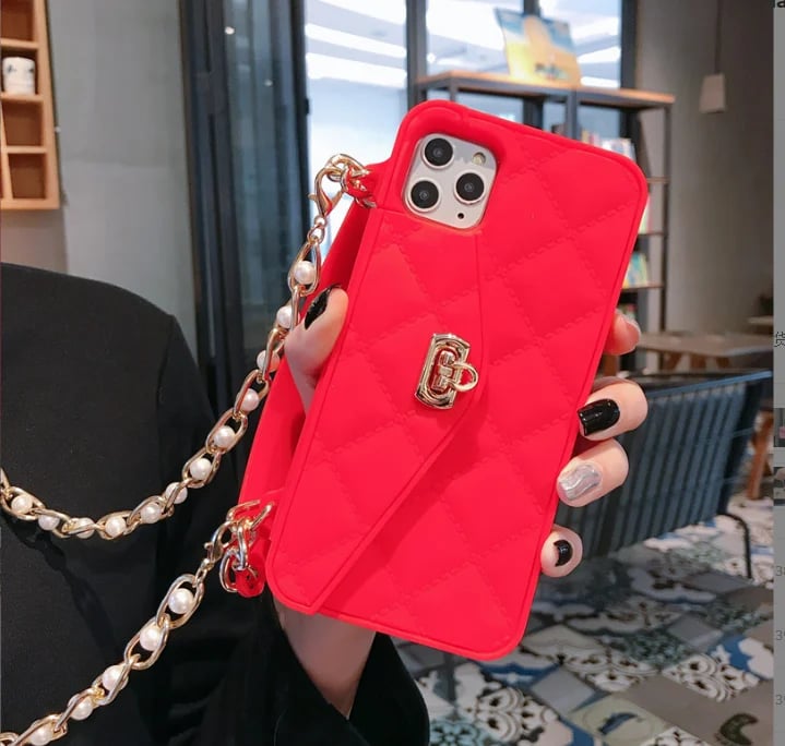 Handbag phone Case with Soft Silicone Chain for Women with Handstrap & Long Pearl Crossbody Chain