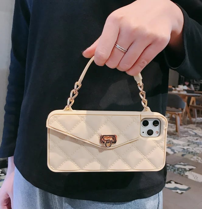 Handbag phone Case with Soft Silicone Chain for Women with Handstrap & Long Pearl Crossbody Chain