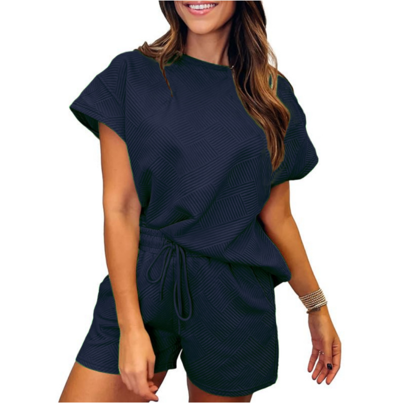 ✨Women's Solid Textured Casual Short Sleeve Top Drawstring Shorts Set