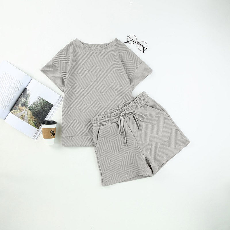 ✨Women's Solid Textured Casual Short Sleeve Top Drawstring Shorts Set