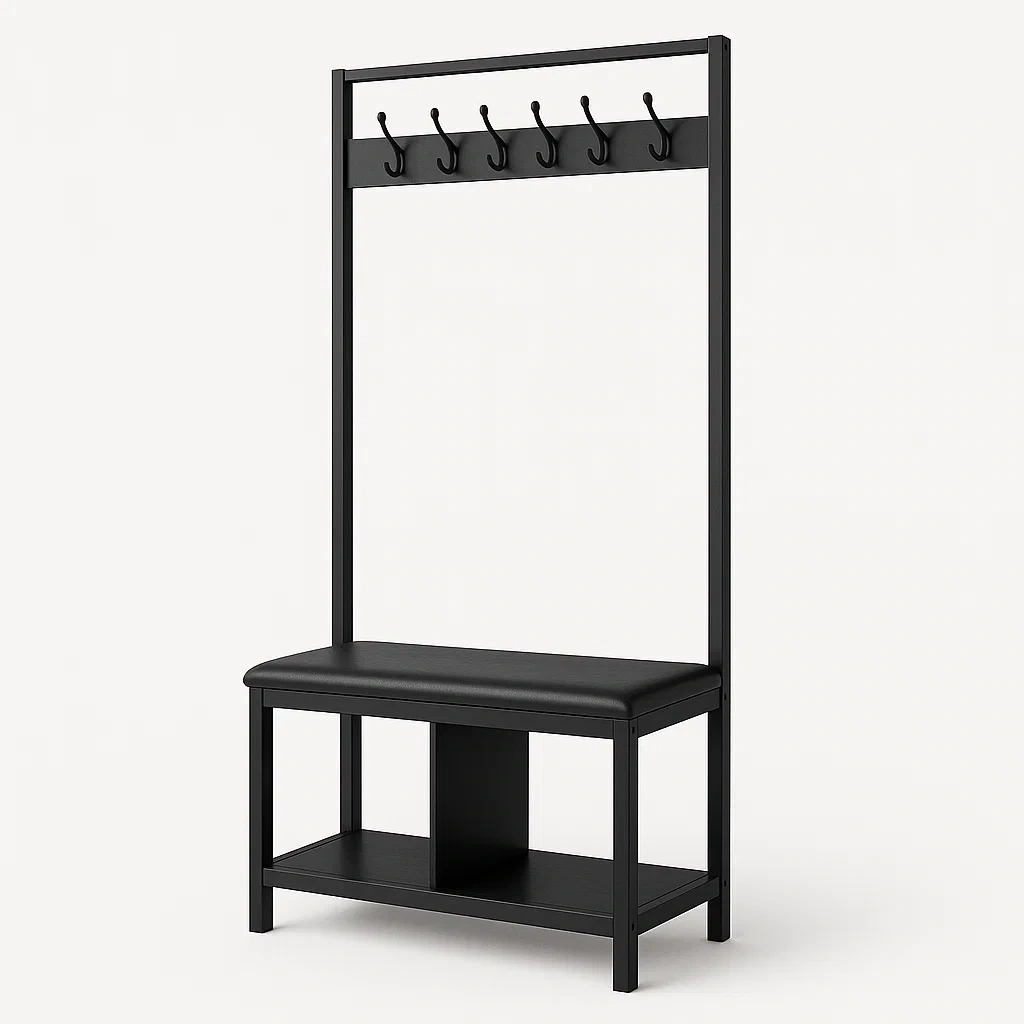 Mueble de entrada con perchero de metal con asiento de cuero sintético Negro