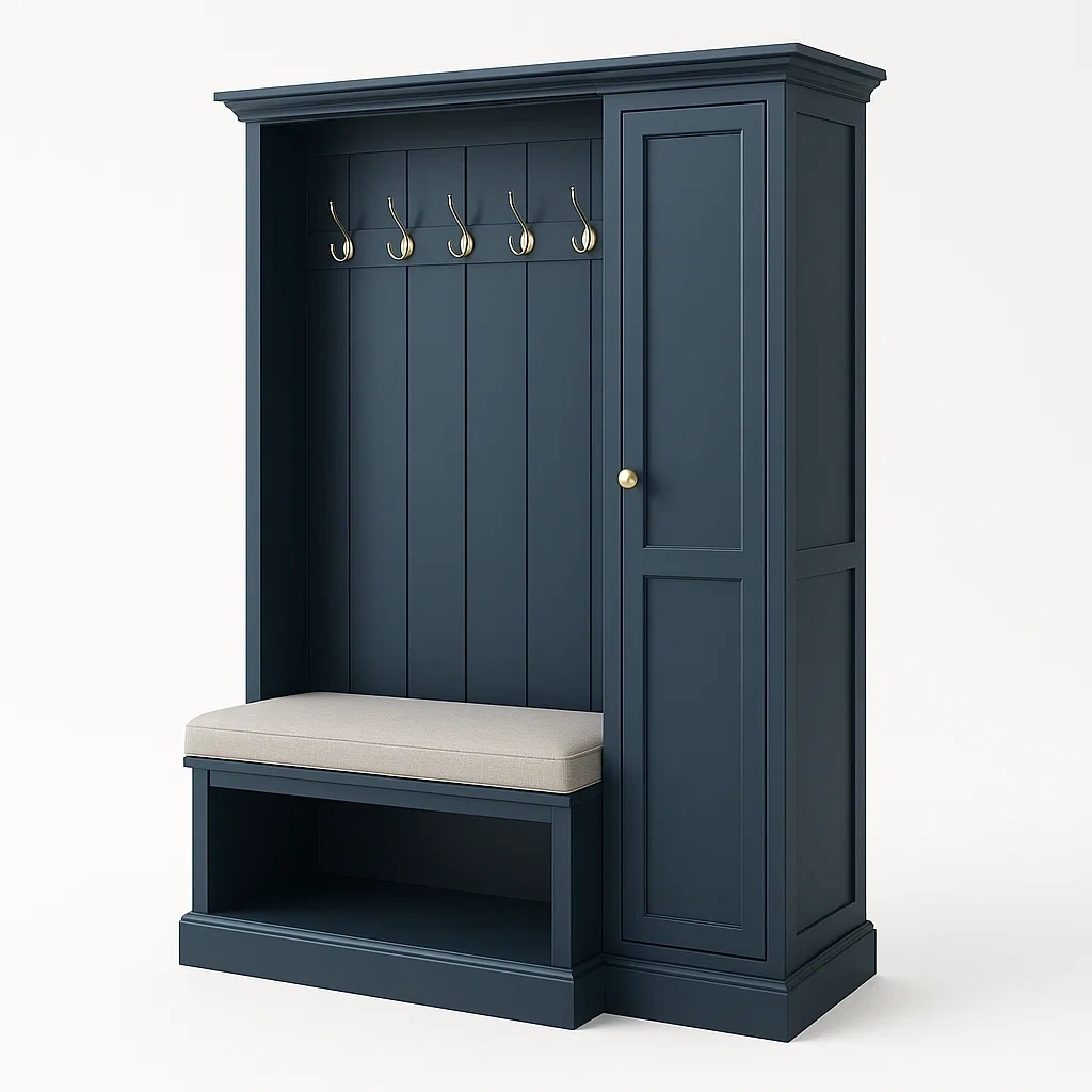 Mueble de entrada con perchero de madera azul con cojín de poliéster y lino