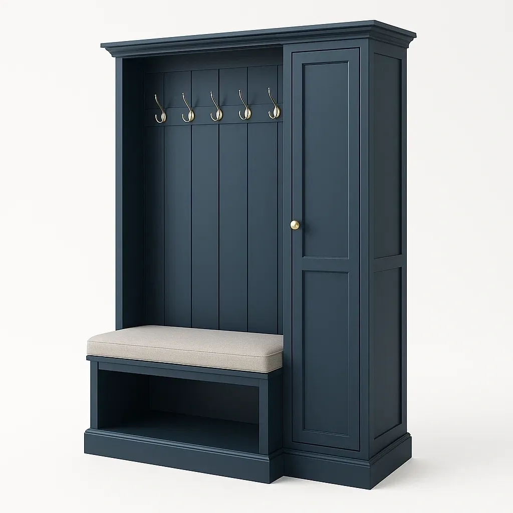 Mueble de entrada con perchero de madera azul con cojín de poliéster y lino