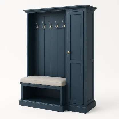 Mueble de entrada con perchero de madera azul con cojín de poliéster y lino