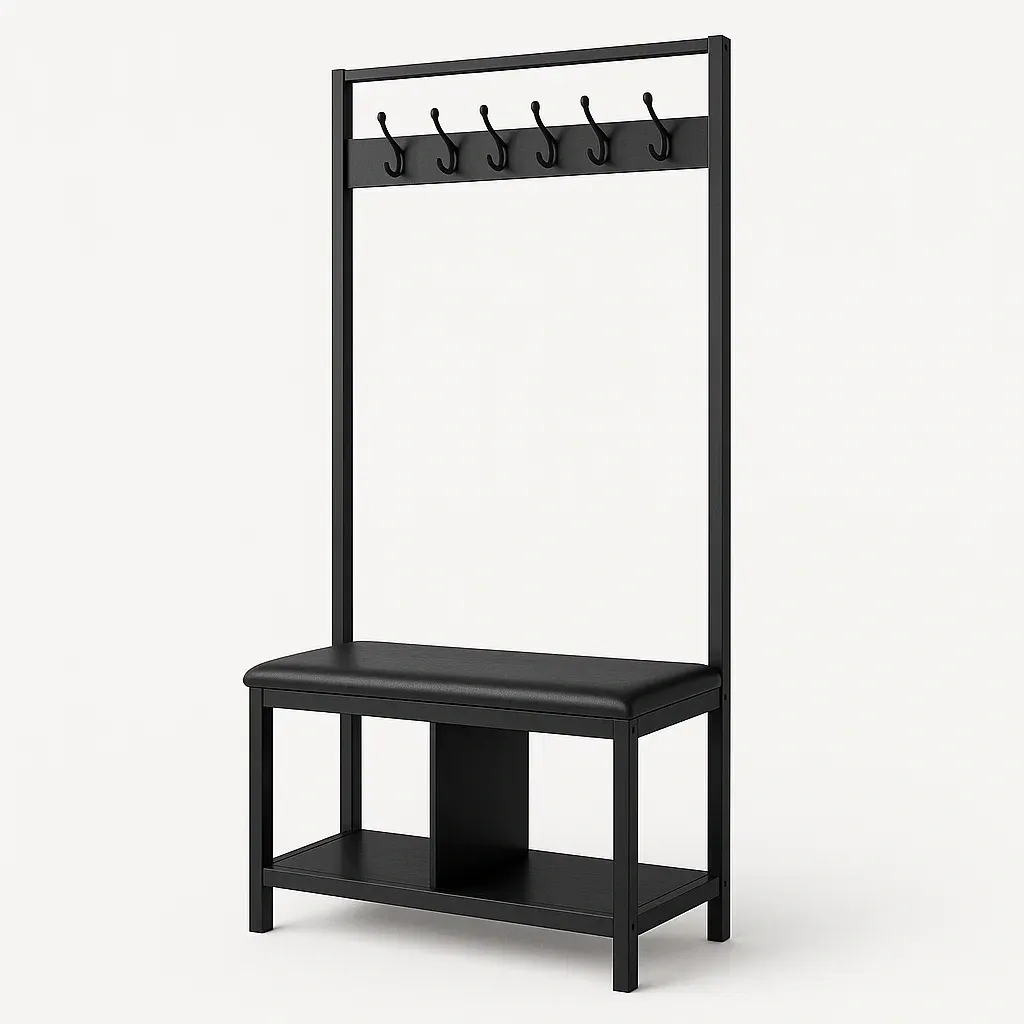 Mueble de entrada con perchero de metal con asiento de cuero sintético Negro
