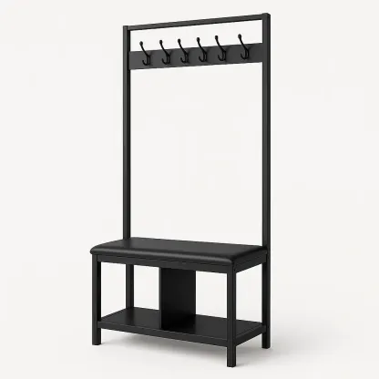 Mueble de entrada con perchero de metal con asiento de cuero sintético Negro