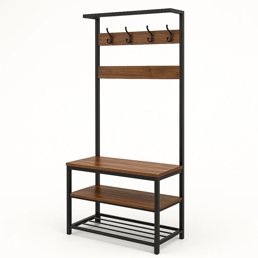 Mueble de entrada con perchero de metal y madera MDF marrón y negro 180x70x30 cm