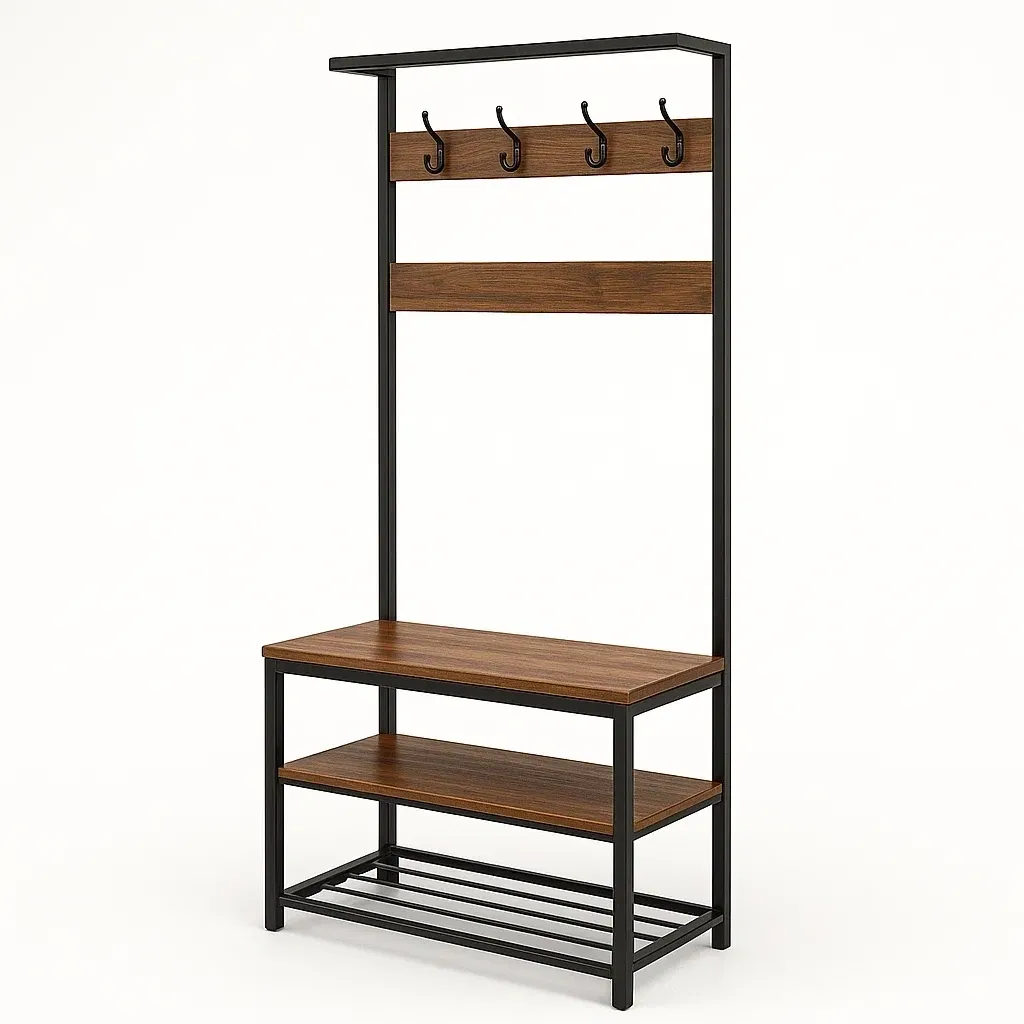 Mueble de entrada con perchero de metal y madera MDF marrón y negro 180x70x30 cm