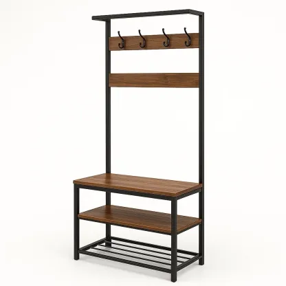 Mueble de entrada con perchero de metal y madera MDF marrón y negro 180x70x30 cm