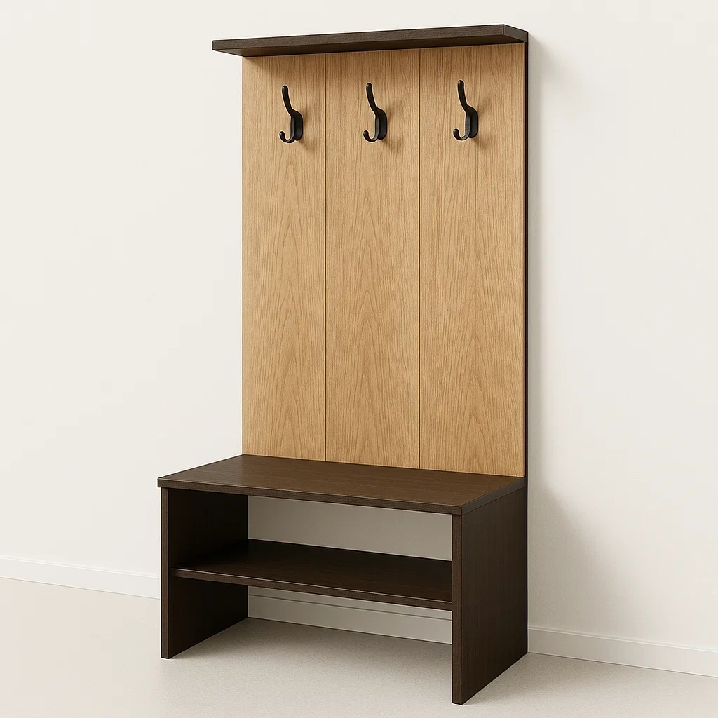 Mueble de entrada con perchero de madera con ganchos y banco marrón