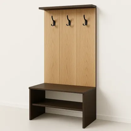 Mueble de entrada con perchero de madera con ganchos y banco marrón