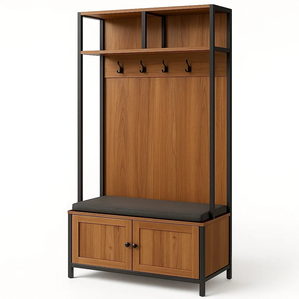 Mueble de entrada con perchero de madera y metal con asiento acolchado