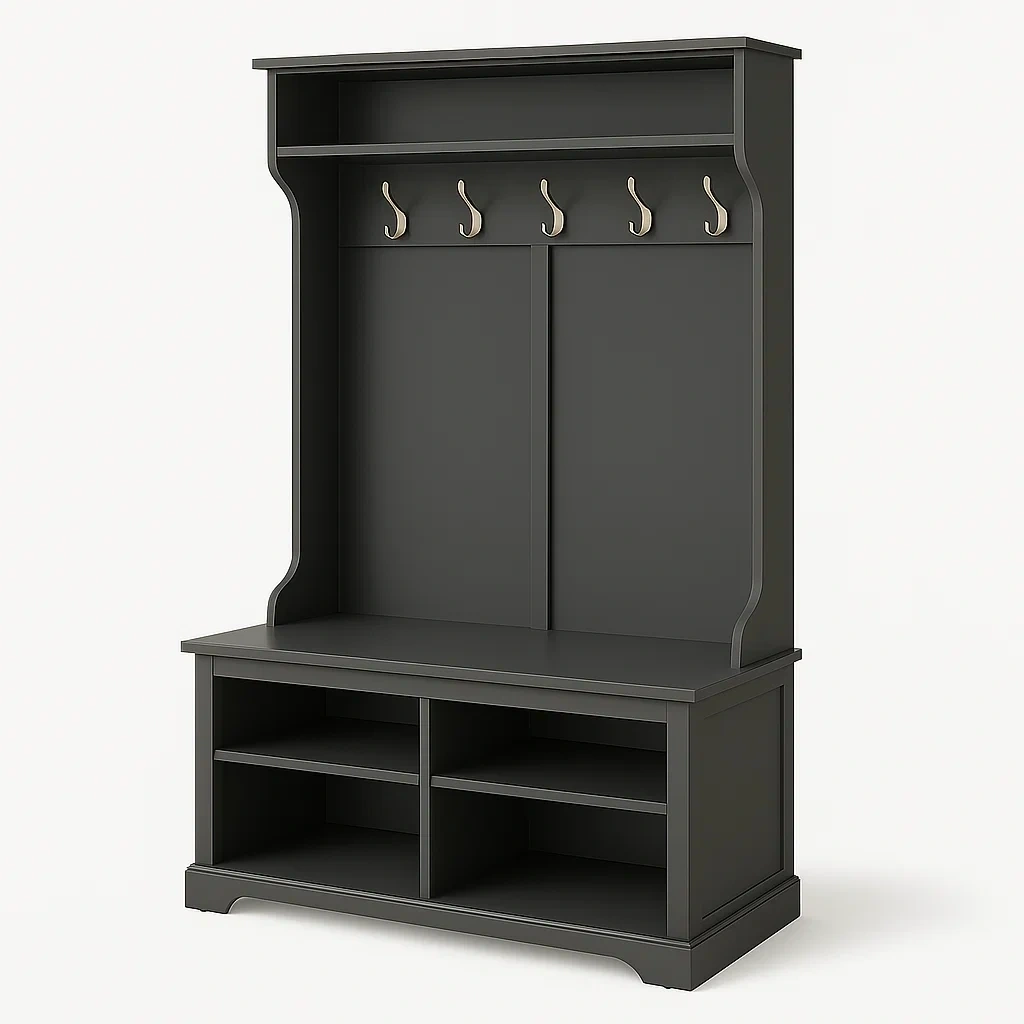 Mueble de entrada con perchero de madera negro con banco y estantes
