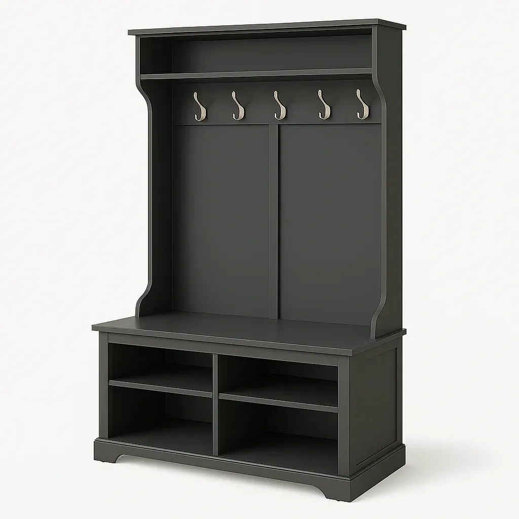 Mueble de entrada con perchero de madera negro con banco y estantes