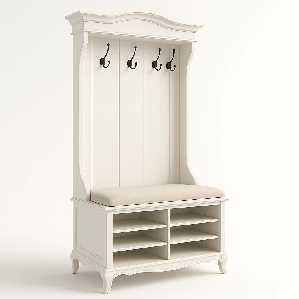 Mueble de entrada con banco recibidor de madera con cojín y ganchos color Beige