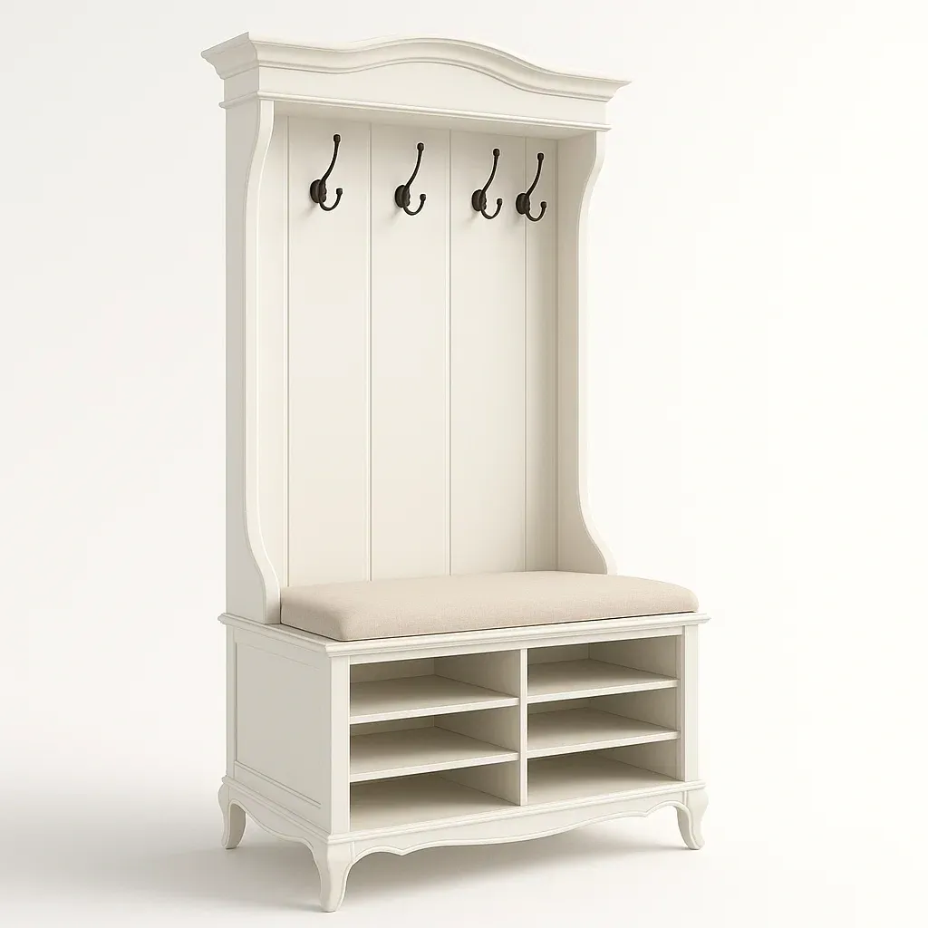 Mueble de entrada con banco recibidor de madera con cojín y ganchos color Beige