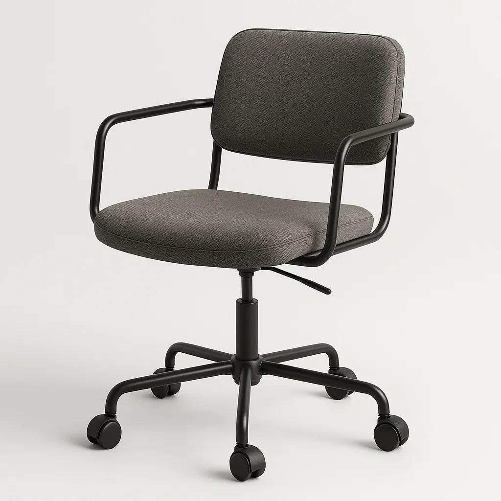 Silla de oficina giratoria de tela gris con reposabrazos y ruedas