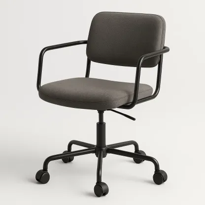 Silla de oficina giratoria de tela gris con reposabrazos y ruedas