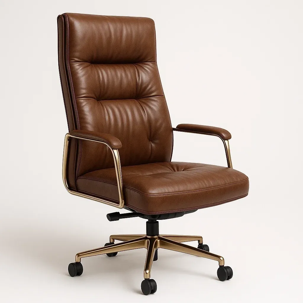 Silla de oficina ajustable de piel sintética marrón con respaldo alto