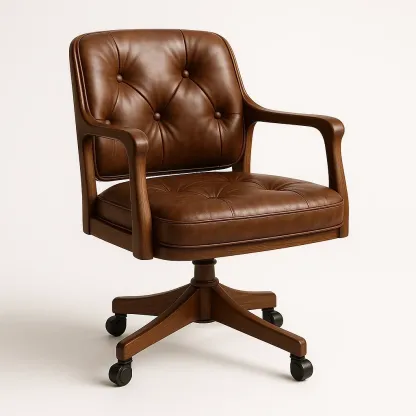 Silla de oficina de cuero sintético marrón con estructura de madera