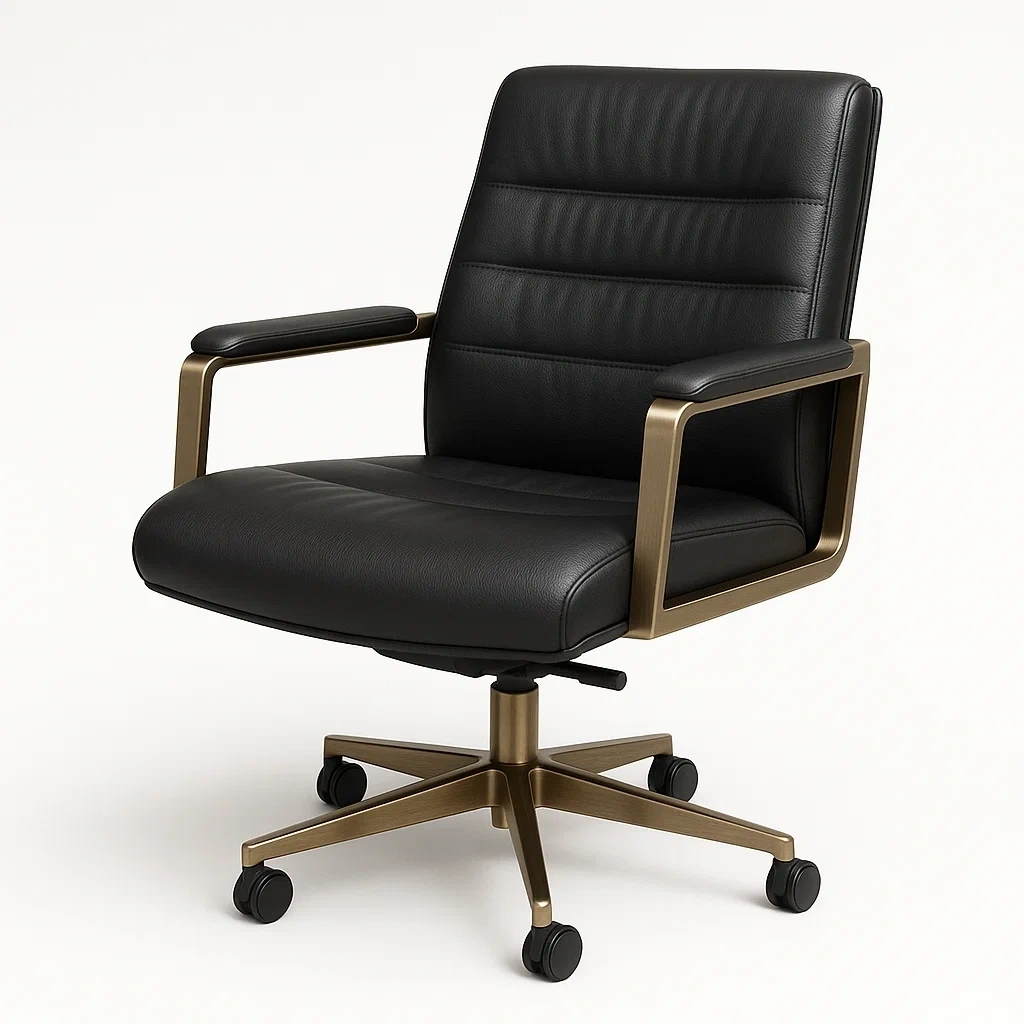 Silla de oficina giratoria de cuero sintético negro con base metálica