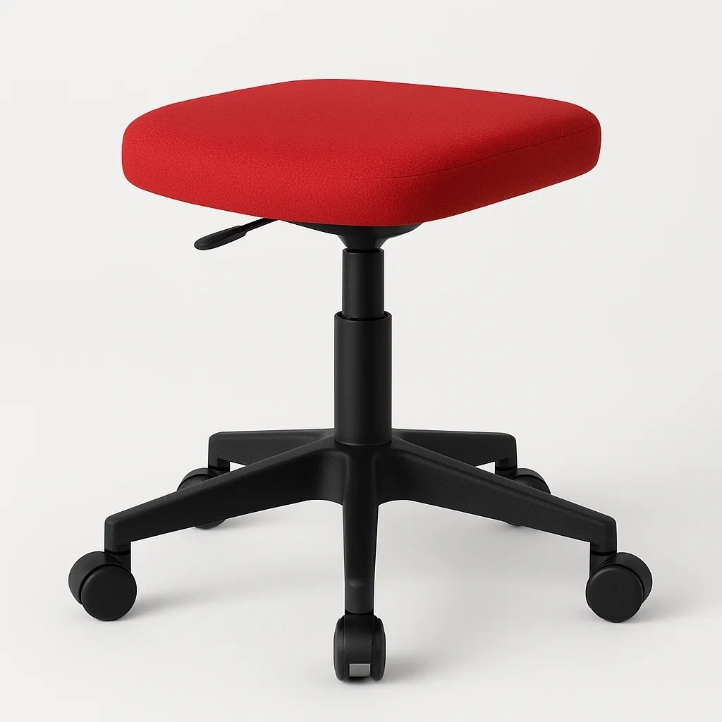 Taburete de oficina regulable con ruedas tapizado en rojo y base de plástico negro