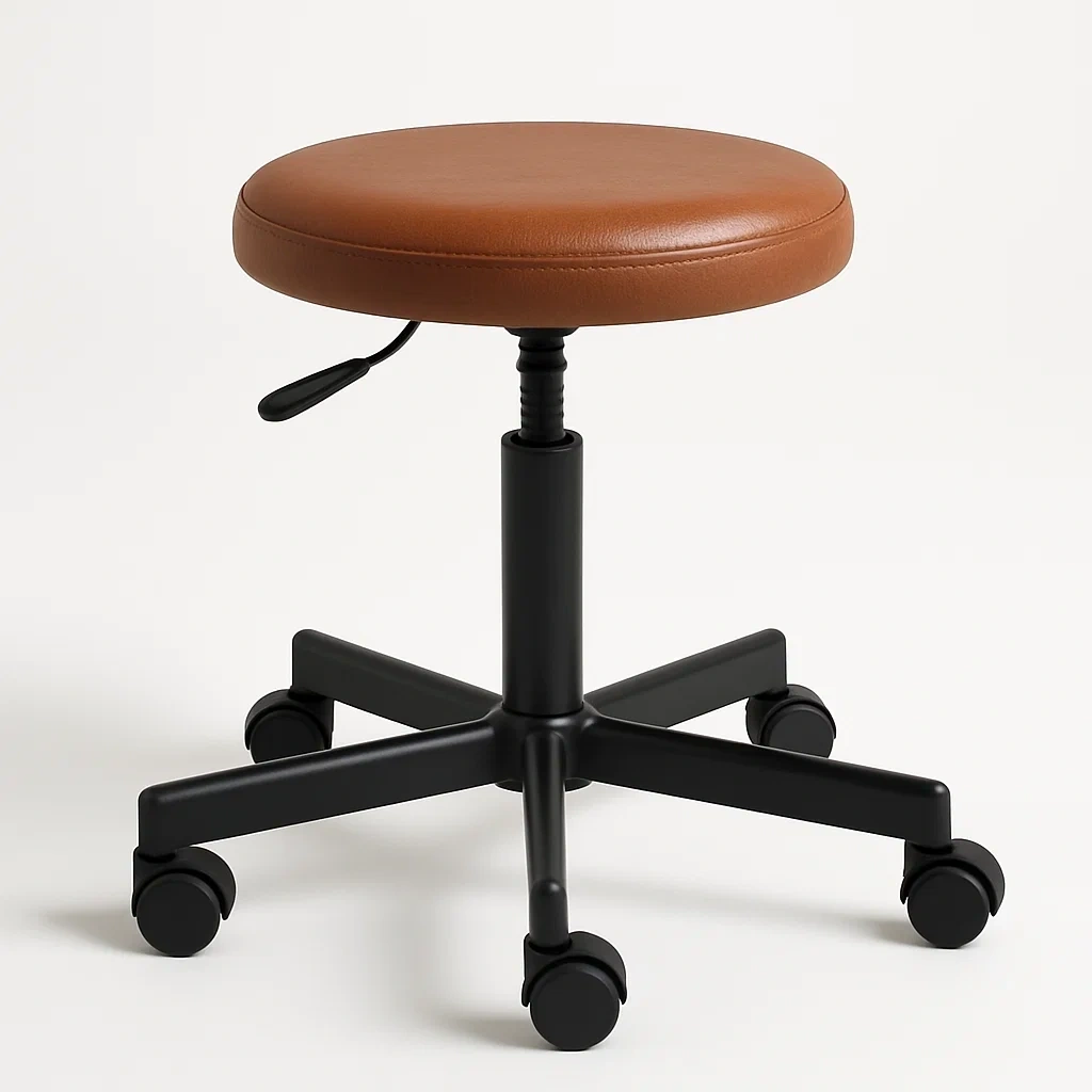 Taburete de oficina redondo ajustable de cuero sintético marrón con base de metal negro y ruedas
