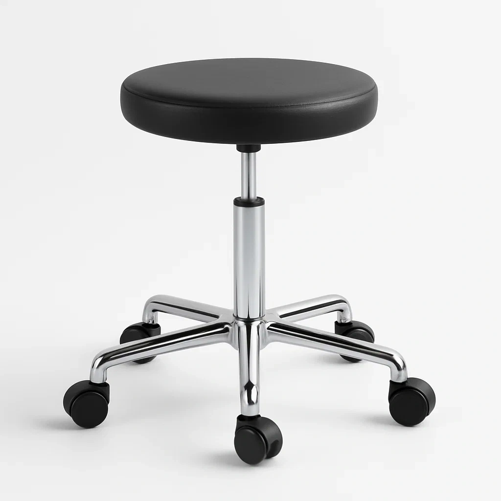 Taburete de oficina redondo ajustable con ruedas de cuero sintético negro y metal cromado