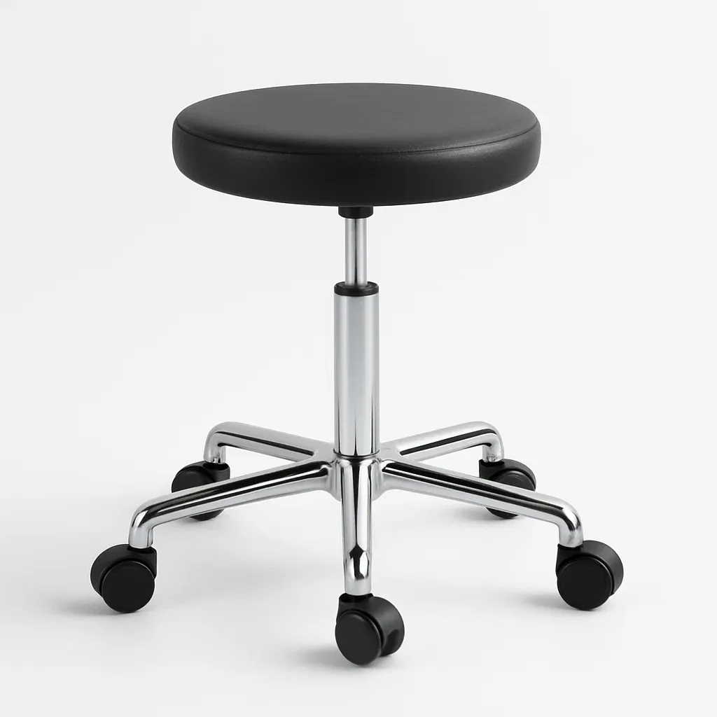 Taburete de oficina redondo ajustable con ruedas de cuero sintético negro y metal cromado