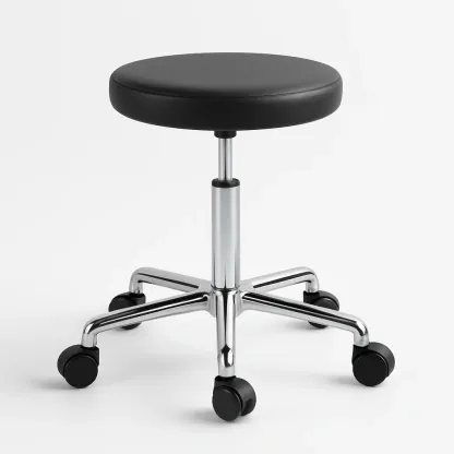 Taburete de oficina redondo ajustable con ruedas de cuero sintético negro y metal cromado