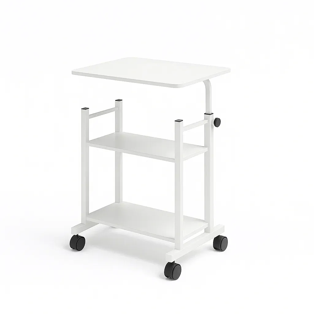 Mesa para portátil con ruedas metálica blanca y estantes ajustables