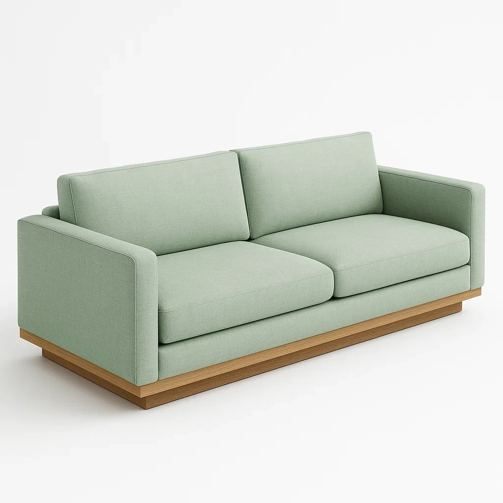 Sofá recto de tres plazas tela verde menta base de madera