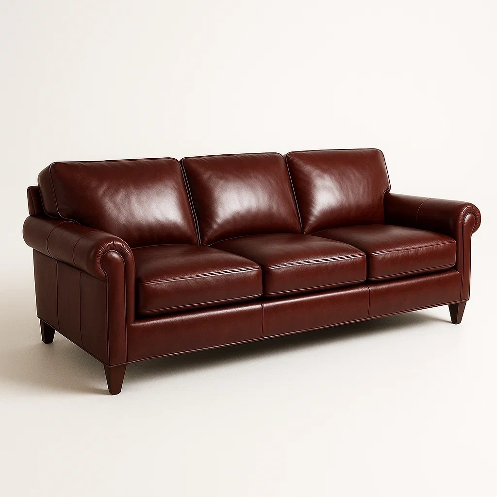 Sofá recto de cuero marrón oscuro de 3 plazas