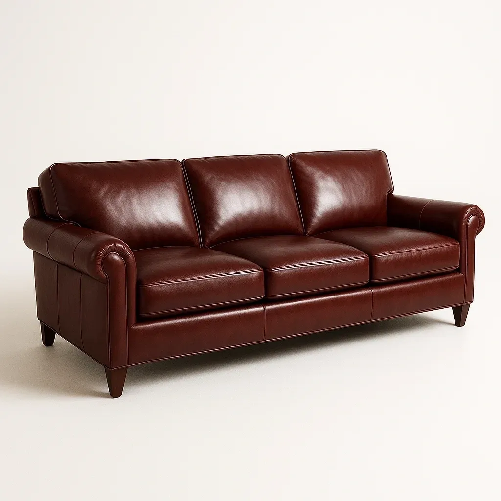 Sofá recto de cuero marrón oscuro de 3 plazas