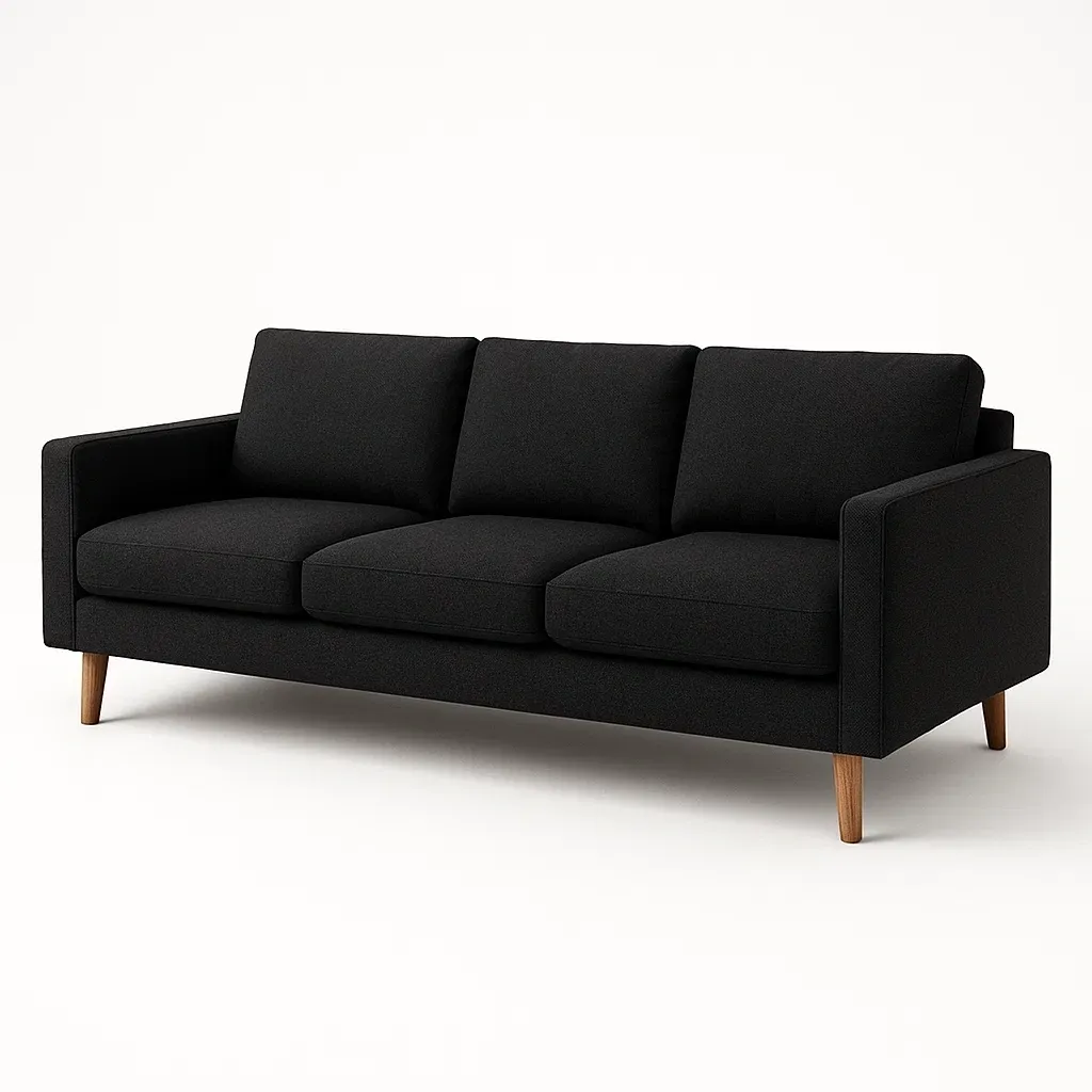 Sofá recto de 3 plazas de poliéster negro con patas de madera 210x80x85 cm