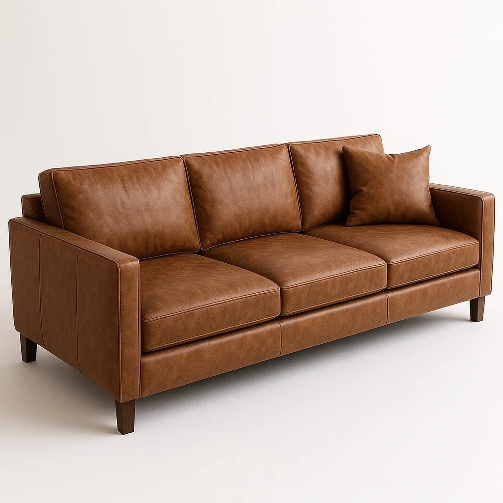 Sofá recto de tres plazas marrón de cuero sintético con cojín