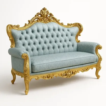 Sofá recto de madera tallada y tela poliéster azul