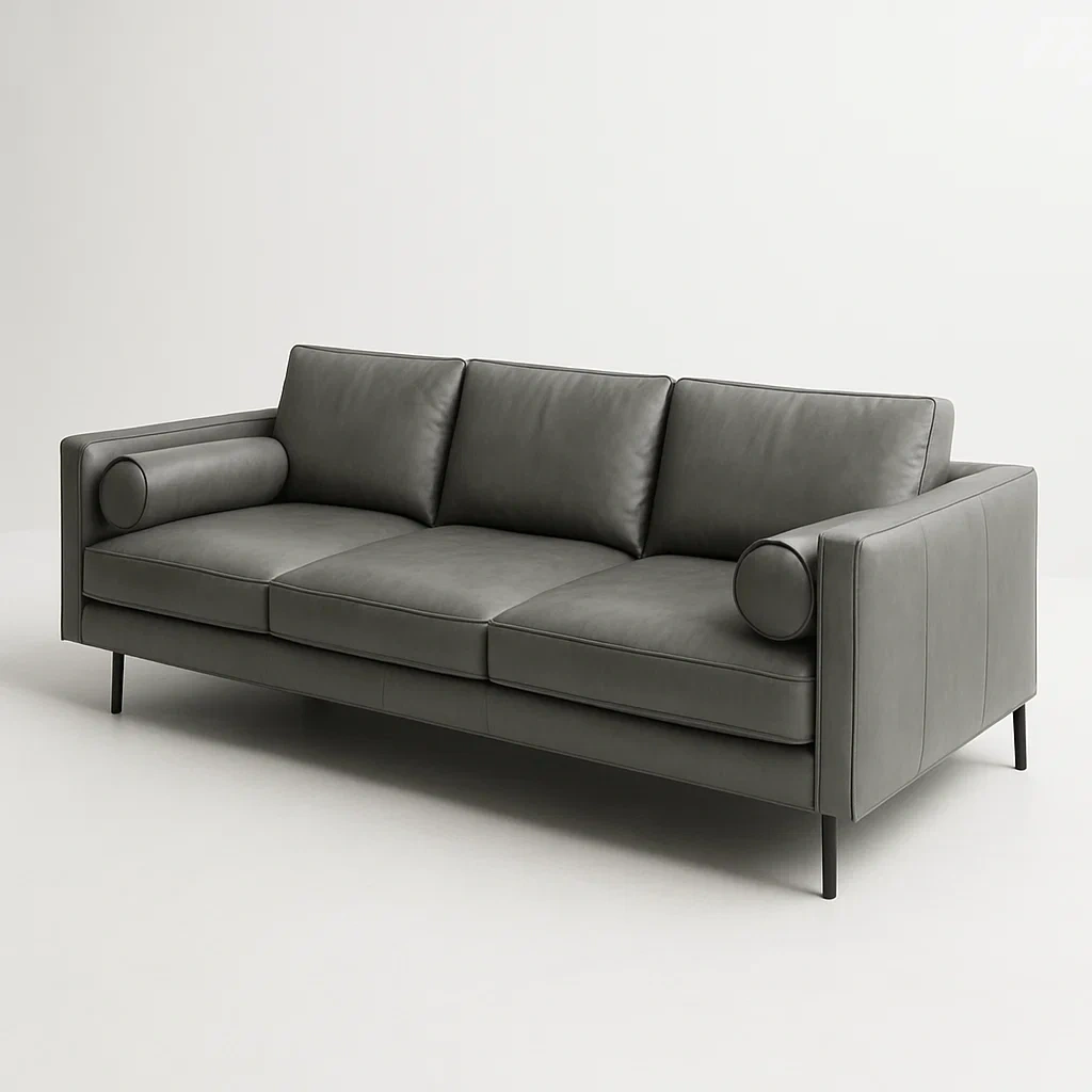Sofá recto de cuero sintético gris con estructura metálica