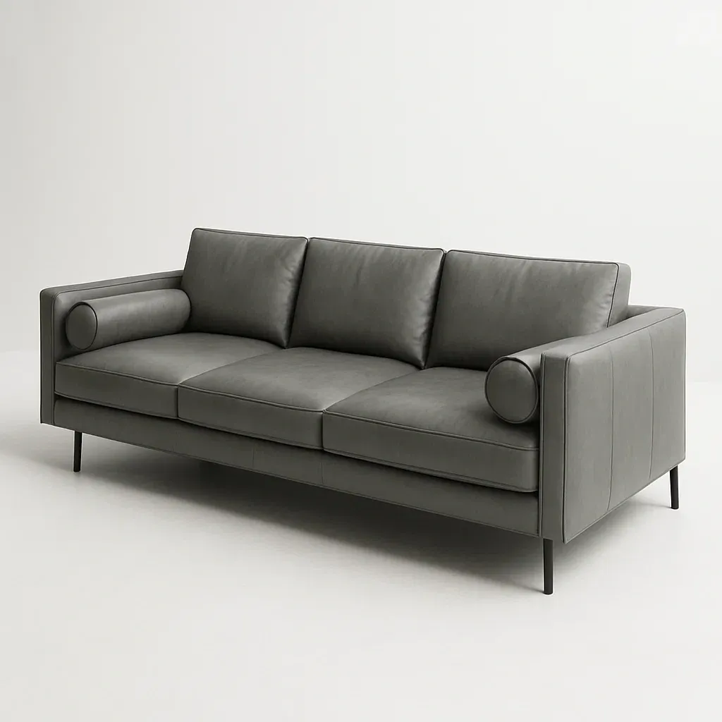 Sofá recto de cuero sintético gris con estructura metálica